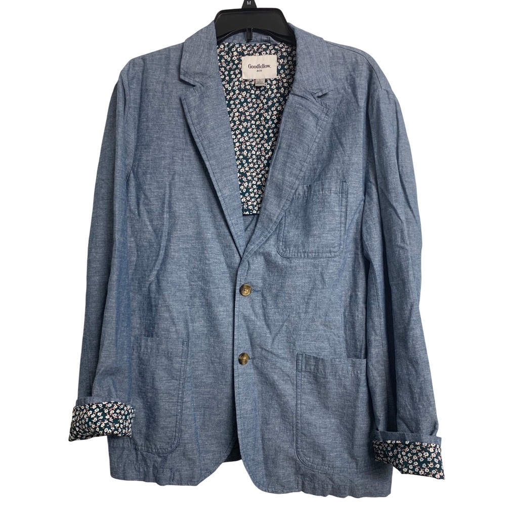 Goodfellow & Co Blue Cotton Linen Blazer Jacket Floral Trim L